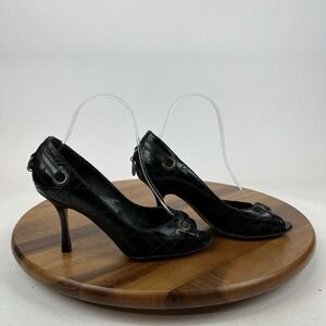 Womens Christian Dior Black Leather Grommet Accent Peep Toe Pumps Heels Size 36